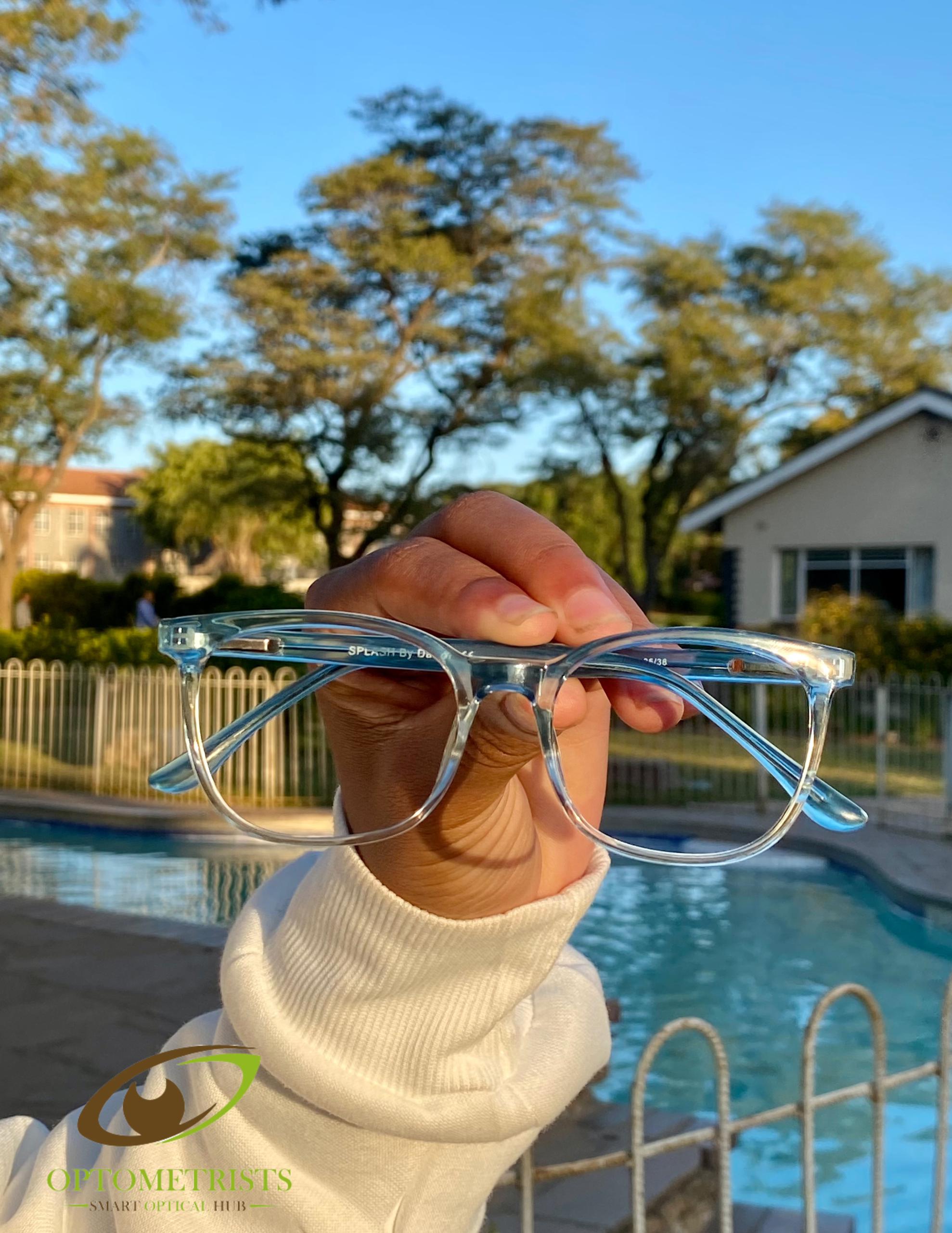 Stylish light blue frames by the pool